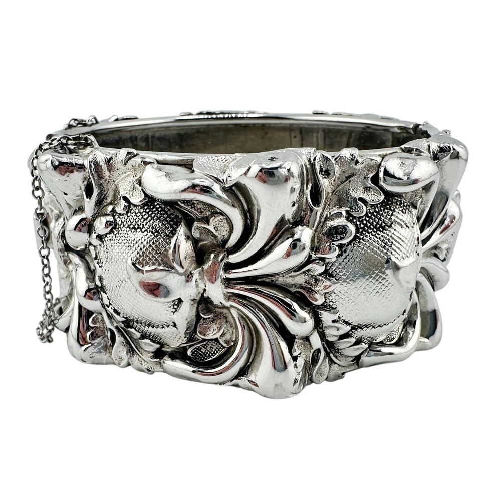 Vintage Art Nouveau Revival Whiting and Davis Repoussé Flowers Hinged 7" Bangle